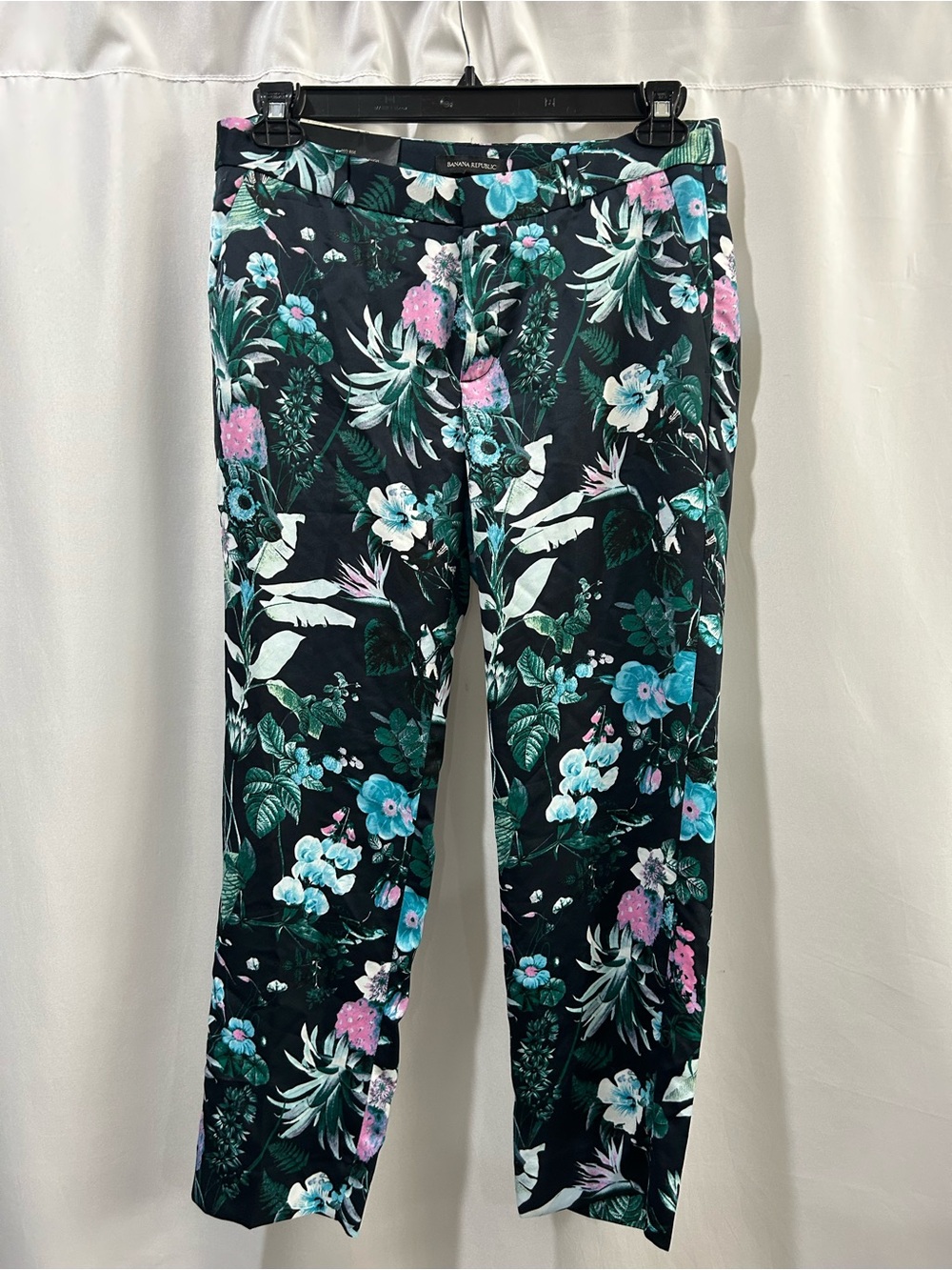 Banana Republic Avery Mid Rise Black Floral Chinos with Teal & Pink Accents